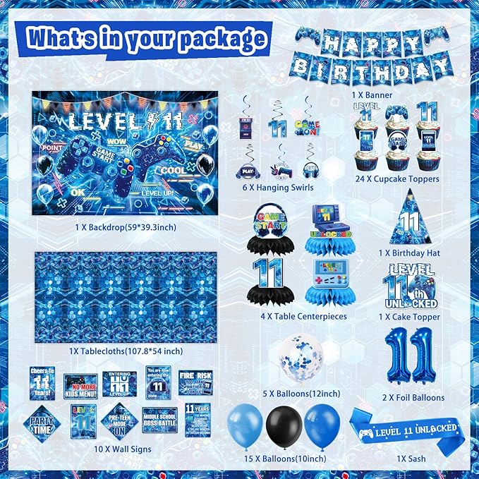 Mpanwen Gamer 11th Birthday Decorations for Boys, Blue Video Game Level 11 Bday Party Decor Supplies for 11 Years Old Boy with Backdrop, Tablecloth, Centerpiece, Hanging Swirls, Hat, Wall Signs