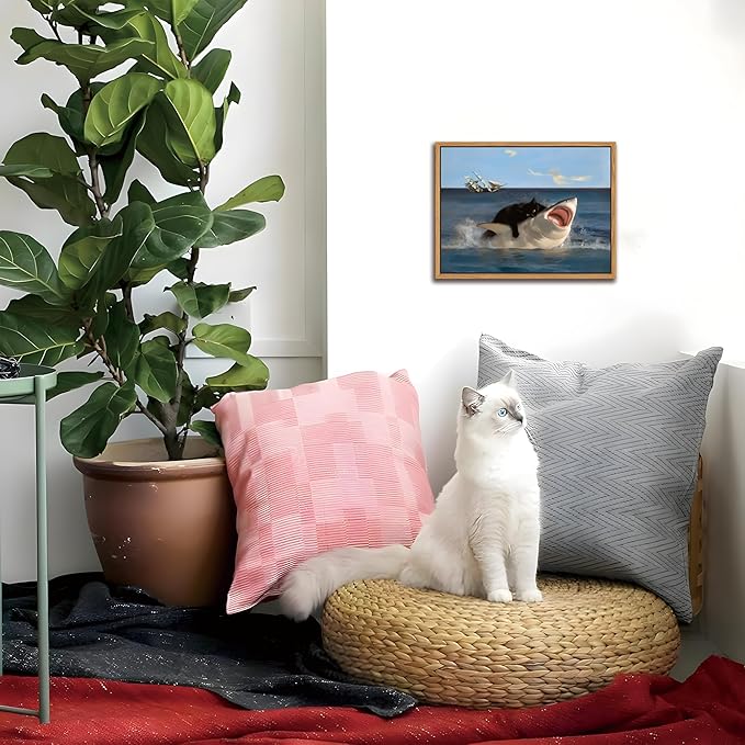 Floating Framed Black Cat Wall Art, Funny Quirky Cat and Shark Pictures Canvas Print, Abstract Black Cat Shark Posters Wall Decor for Room Bedroom Living Room Bathroom Aesthetic 8x10 inch