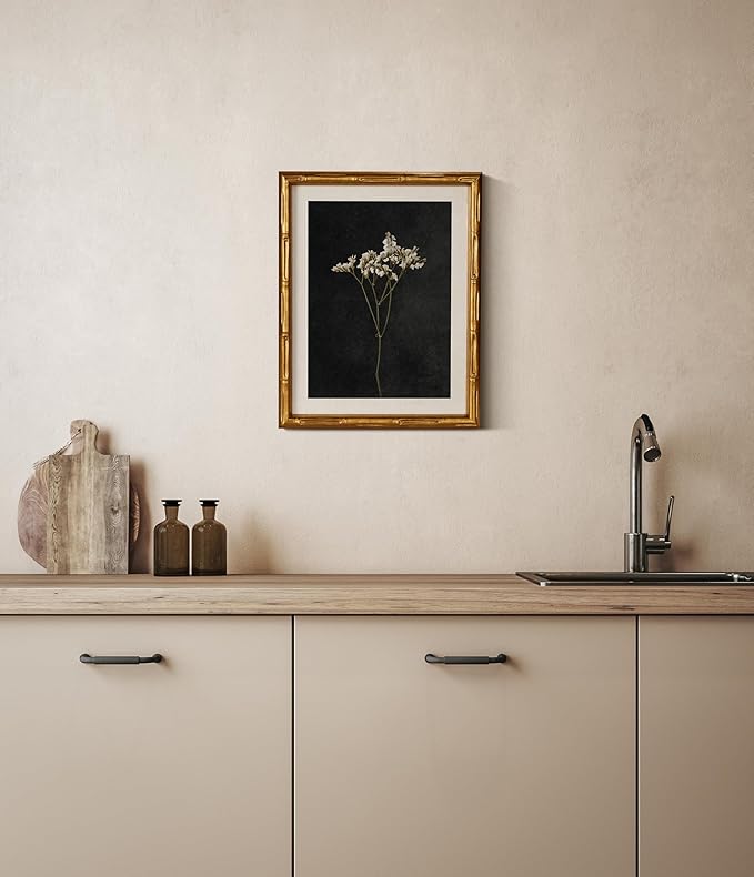 InSimSea Gold Bamboo Framed Canvas Wall Art, Retro Dark Dried Wildflower Botanical Paintings, Antique Vintage Picture Frame with Mat, Home Wall Decor for Living Room Bedroom Gallery, 11x14inch
