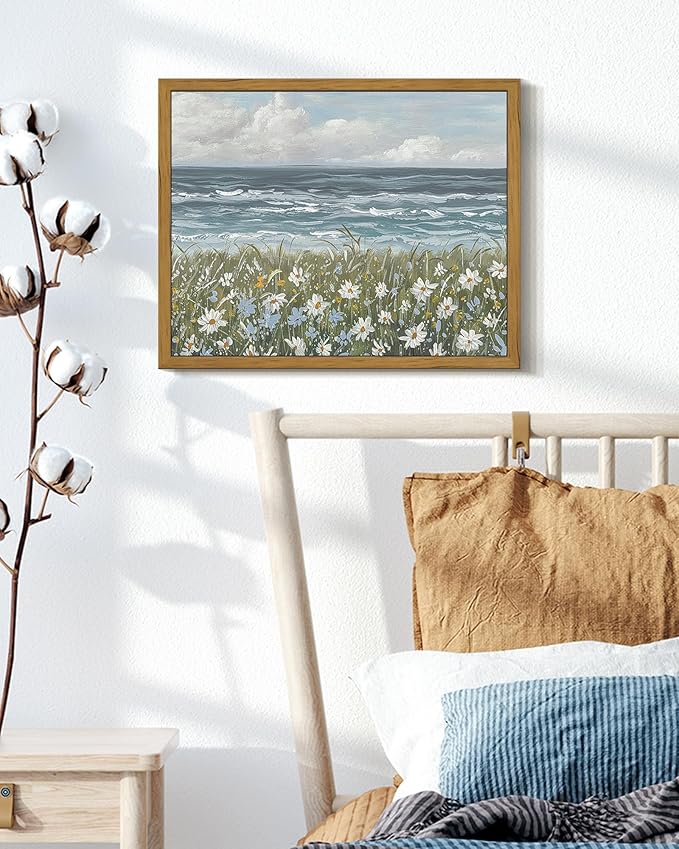 SHENIFY Vintage Landscape Framed Wall Art Sea Coastal Wildflower Field Scenery Farmhouse Decor Retro Painting for Living Room Bedroom Ready to Hang Wall Artwork - 8x10in Natural Framed