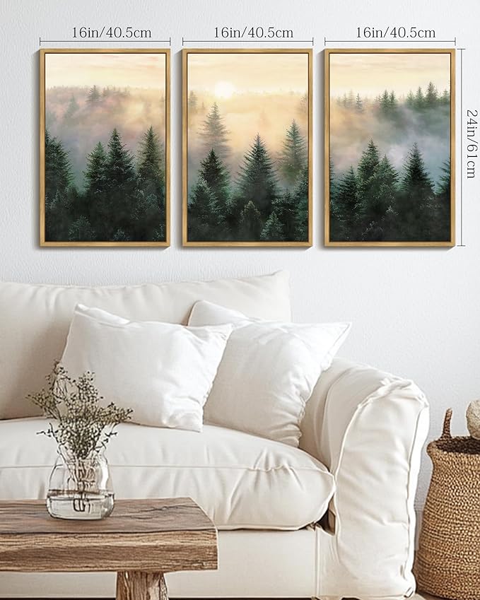 Drsoum Green Fog Pine Tree Landscape Wall Art Framed Nature Misty Nordic Forests Prints Morden Farmhouse Rustic Artwork Hallway Bedroom Ready to Hang 16x24in Natural Framed