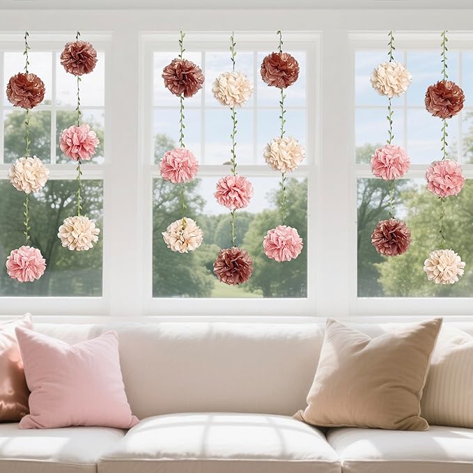 Dusty Pink Party Decorations Rose Gold Dusty Pink Beige Tissue Paper Flowers Pom Pom with Leaf Ribbon Hanging Garland Streamer for Birthday Baby Shower Wedding Bridal Shower Engagement Party Supplies