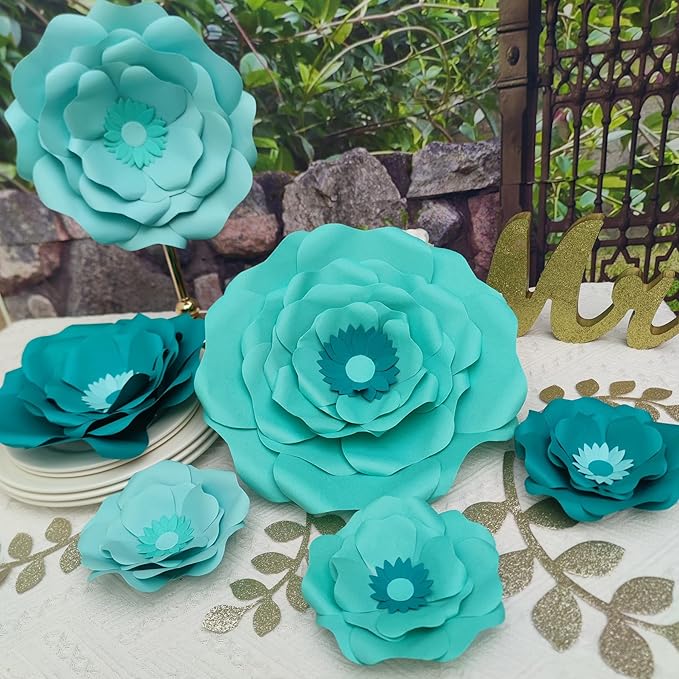 Turquoise Teal Paper Flower with Gold Leaf for Wall Living Room Bed Room Wall Decoration Wedding Birthday Bridal Baby Shower Party Floral Decor Pack of 6