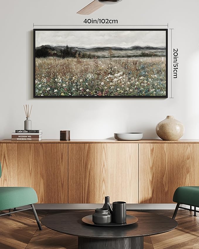 SHENIFY Vintage Landscape Framed Wall Art Meadow Flowers Farmhouse Decor Retro Classic Painting for Hallway Bedroom Living Room Dining Room - 20x40in Black Framed