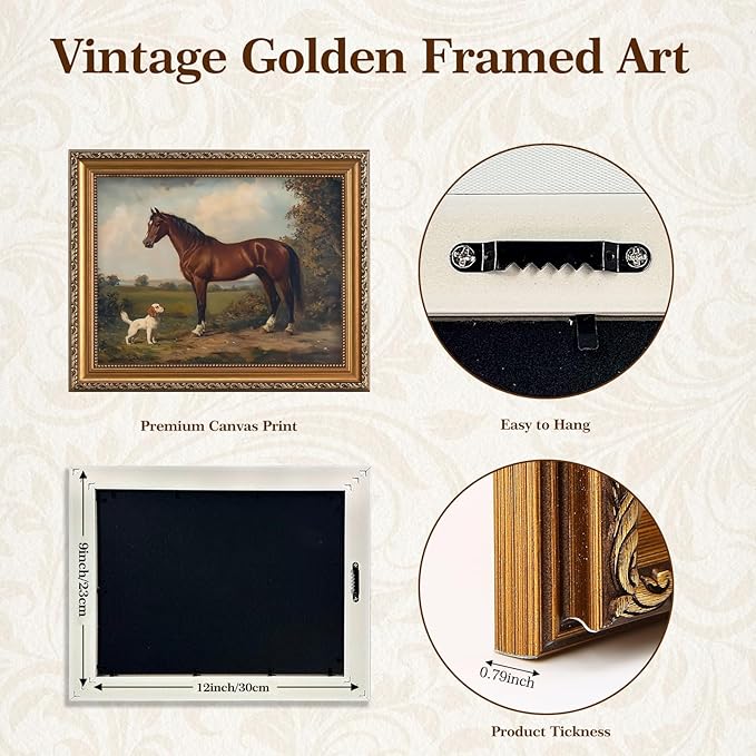 ASTRDECOR Gold Framed Retro Wall Art for Home Decor, Classic Horse & Dog Canvas Artwork, Vintage Western Canvas Prints, Rustic Farmhouse Wall Decor for Bathroom, Living Room, 9x12Inch