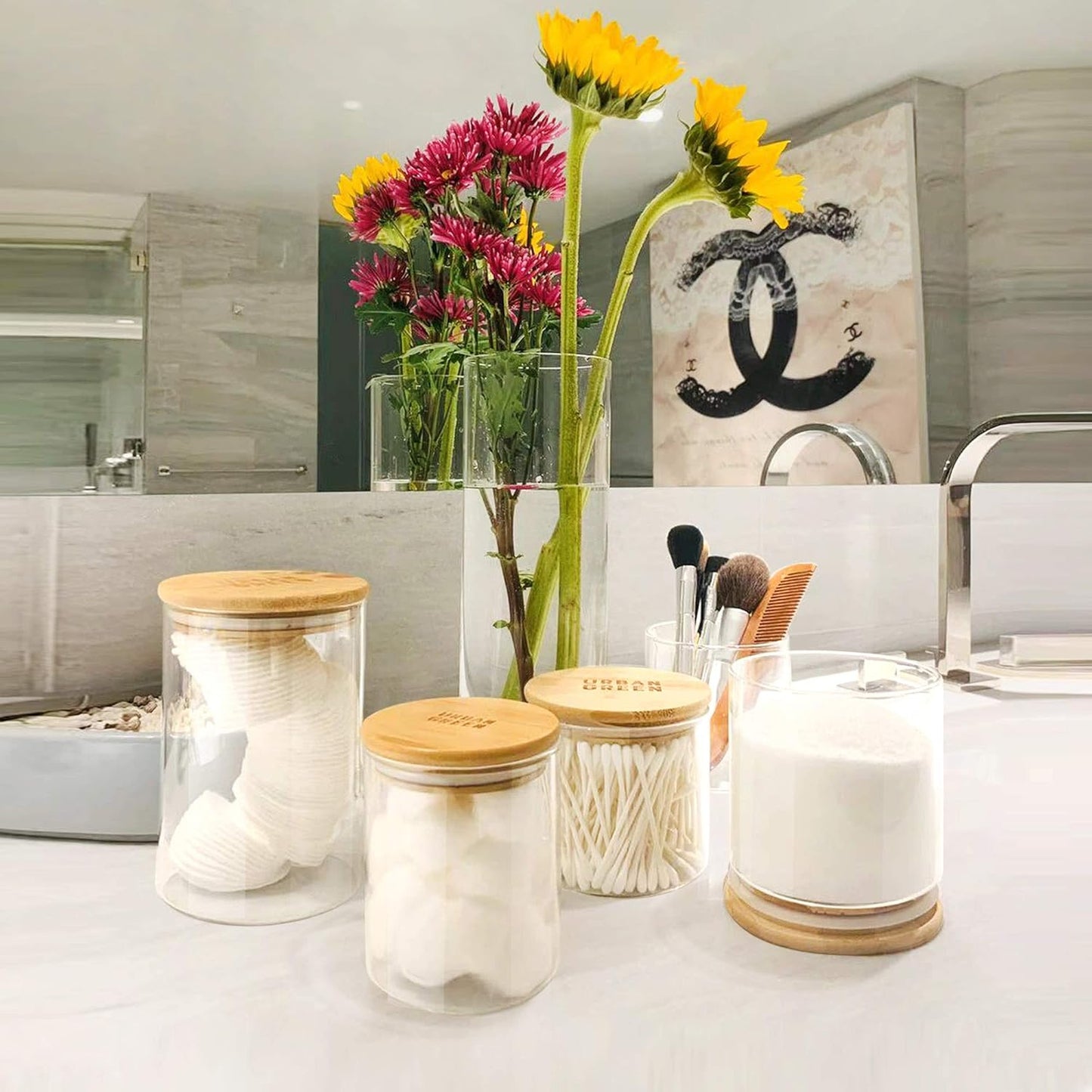 Urban Green Glass Storage Container Bamboo Lids, Glass Airtight Canisters sets, Food Jars, Pantry Organization and Storage Containers, Spice Jars, Flour Canisters of 6