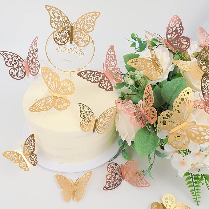 72 Pcs Butterfly Wall Decor, 3 Styles 3 Sizes 3D Butterfly, Gold and Rose Gold Butterfly, Wedding Decorations, Birthday Party Decorations, Girls Bedroom Decoration(72 Pcs, Gold and Rose Gold)