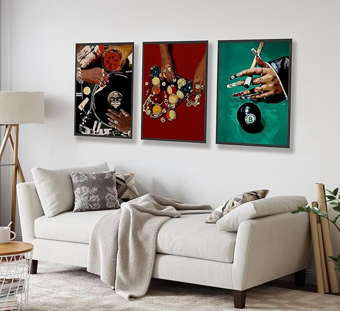 JWDXNOOK 3pcs Fashion Feminine Wall Art Funky Retro Music Wall Decor Fashion Hands Print DJ and Black billiard 8Theme Triptych Paintings Poster for Game Room Bar Living Room Bedroom Decor Unframed