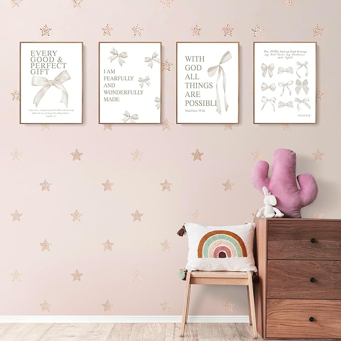 LARTSFRO Coquette Beige Bow Wall Art Decor Posters, Beige Bow Christian Room Bedroom Bathroom Dorm Wall Art Decor Aesthetic for College Teen Girls Gifts, Inspirational Bible Verses Bow Wall Decor, 12x16 Inch Set of 4 Pcs Bow Pictures (UNFRAMED)