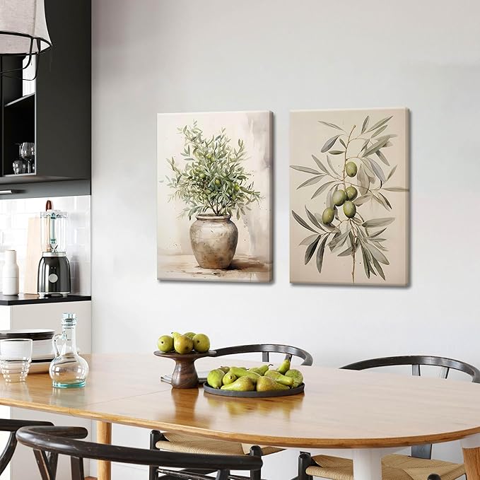 2Pcs Framed Botanical Wall Art Green Olive Branches Poster Print Neutral Farmhous Plant Picture Canvas Painting Wall decor for Living Room Kitchen or Dining Room Decor 16x24IN