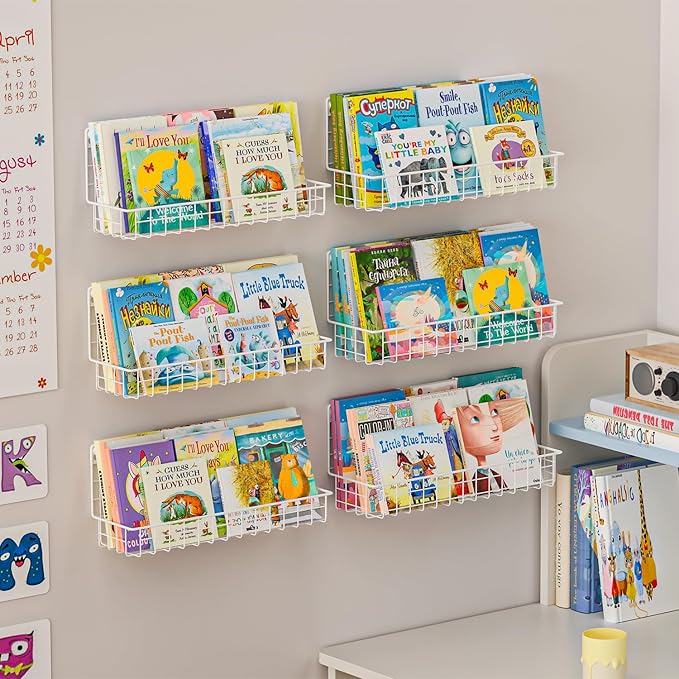 6-Pack White Floating Nursery Book Shelves , Metal Wall Mounted Storage book Shelves for Kids Bedroom, Toddler Room, Baby Nursery Decor, Space-Saving Display Shelves for Books & Toys - 2 Sizes