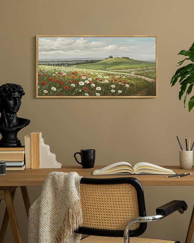SHENIFY Vintage Landscape Framed Wall Art Meadow with Flowers Scenery Farmhouse Decor Rustic Retro Grassland Floral Field Painting for Kitchen Bedroom Living Room Bathroom - 8x16in Natural Framed