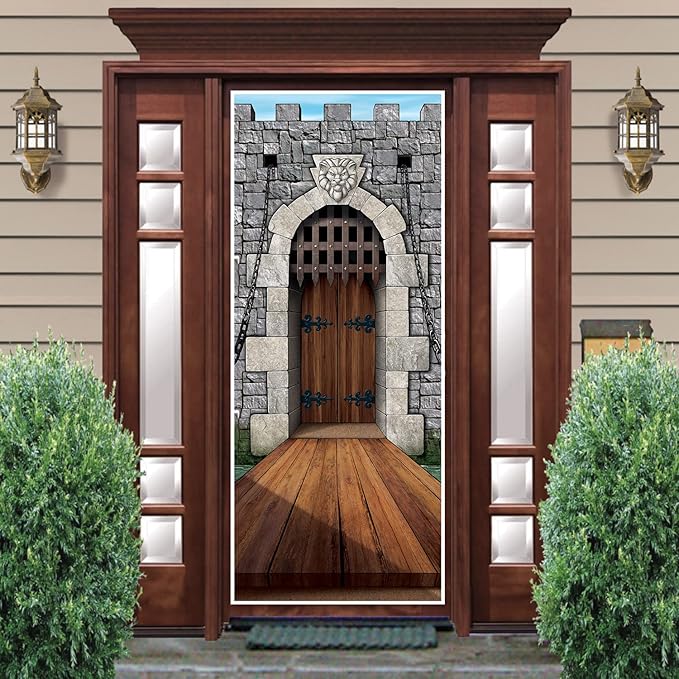 Beistle 2-Pack Castle Door Covers, Enchanted Entrance Castle Decorations for Fantasy Themed Parties, Thin Plastic Royal Medieval Wall Decor, 6' x 30"