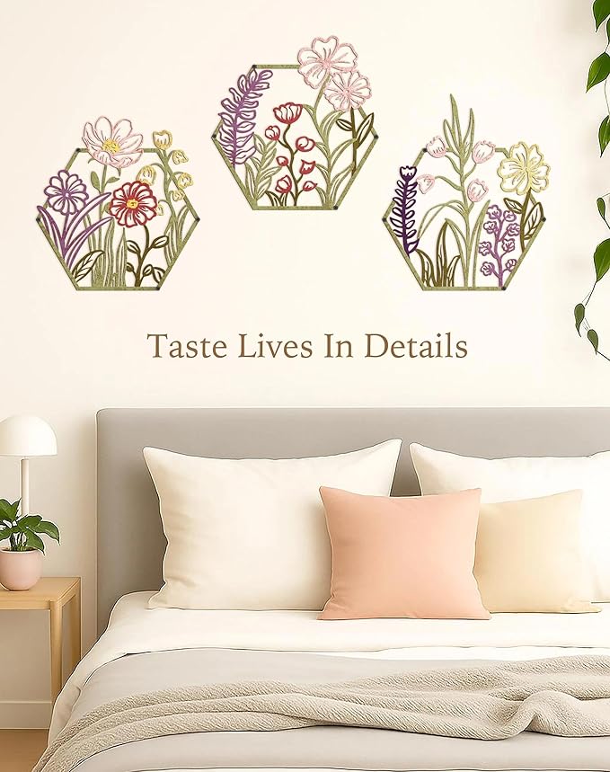 CarryWise 3 Piece Metal Flower Wall Art for Bedroom Living Room Rustic Farmhouse Floral Wall Decor for Bathroom Dining Room Boho Home Decorations Modern Minimalism Hanging Sculptures Polygon