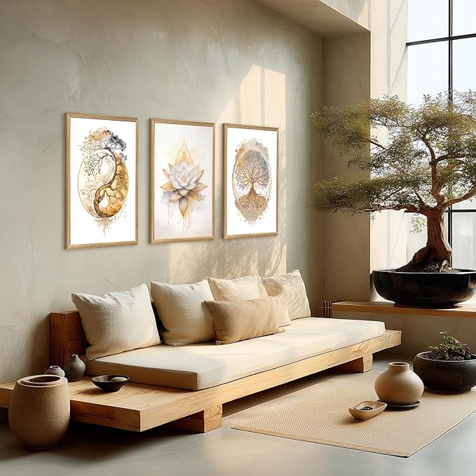 GELDSTEI Tree of Life Wall Art, Calming Zen Wall Decor, Abstract Yin Yang Tree Canvas Painting, Modern Gold Lotus Flower Meditation Poster Print for Living Room Yoga Room Bedroom Wood Framed Set of 3, Each 12x16 Inch