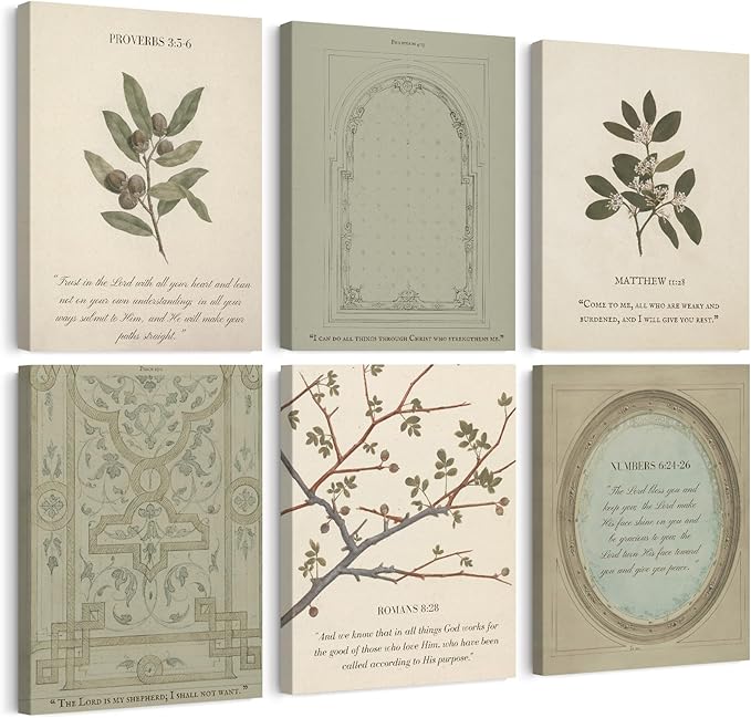 Sage Green Christian Wall Art Posters Vintage Bible Verse Canvas Wall Decor Scripture Botanical Art Prints Religious Pictures Christian Paintings Artwork Living Room Bedroom 12x16x6 Inch Ready to Hang