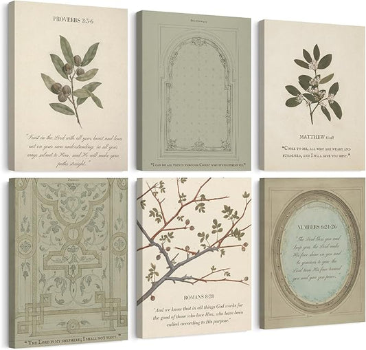 Sage Green Christian Wall Art Posters Vintage Bible Verse Canvas Wall Decor Scripture Botanical Art Prints Religious Pictures Christian Paintings Artwork Living Room Bedroom 12x16x6 Inch Ready to Hang
