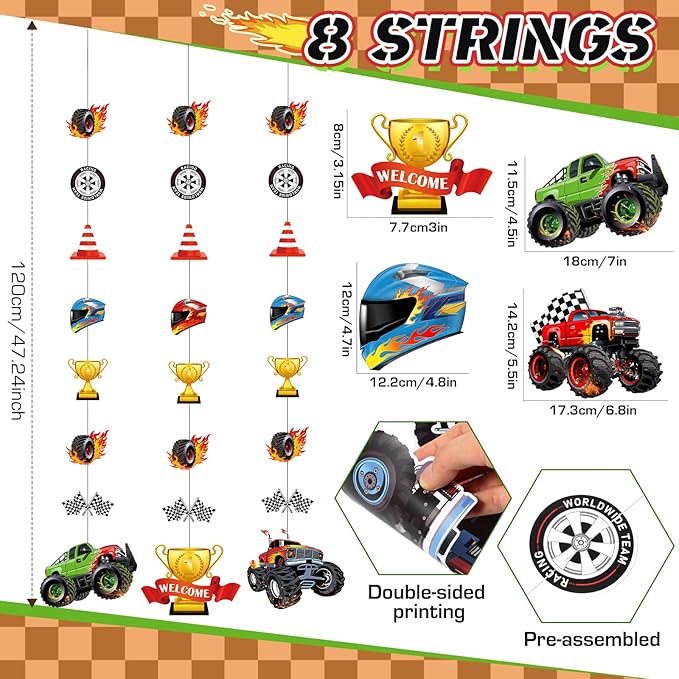 8 Pcs Truck Party Decorations Monster Truck Hanging Garlands Streamer Cutouts Race Car Theme Birthday Banner Backdrop for Boy Car Baby Shower Party Supplies Home Wall Ceiling Decor