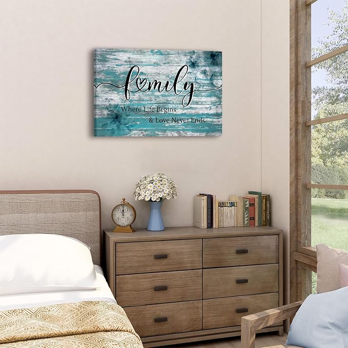 Family Sign Wall Decor Teal Wall Art Where Life Begins Love Never Ends Signs Poster Turquoise Picture Blessed Wall Decor Farmhouse Painting Artwork for Living Room Kitchen Home Decorations 16x24"