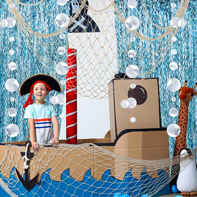 ZERODECO Party Decorations, Natural Fish Net with Fringe Curtain and Bubble Garlands for Nautical Decor Pirate Party Kids Birthday Under The Sea Party Mermaid Decor Room Wall Decor