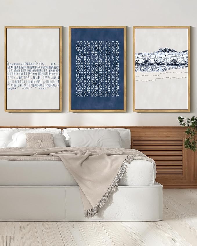 Drsoum Blue Abstract Boho Framed Wall Art Large 24x36in Minimalist Mid-Century Modern Wall Decor Geometric Artwork Kitchen Dining Room Black Framed
