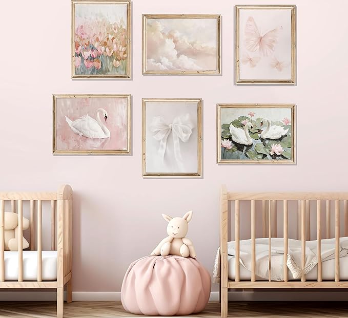 6Pcs Coquette Wall Art Pastel Pink Trendy Canvas Bow Posters White Swan Preppy Painting Butterfly Pictures Aesthetic Floral Prints Nursery Wall Decor for Teen Girls Bedroom College Dorm Unframed