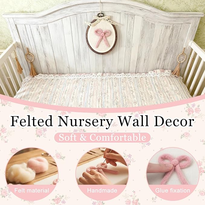 Soulchen Felted Pink Bow Nursery Wall Decor 5 x 6 Inch Cute Coquette Bow Pink Christmas Decor Wall Art Decorative Artwork for Nursery Bathroom Living Room Baby Room Bedroom Farmhouse Decoration