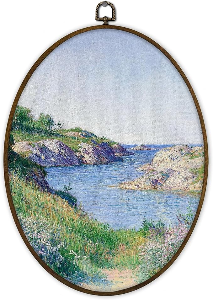 Gnmduw Wildflower Meadow River Landscape Oval Wall Art Framed, Farmhouse River Cottage Natural Scenery Canvas Prints Hanging Decor Decorations, Rural Landscape Wall Decor for Bedroom Gallery, 8.7x11.3