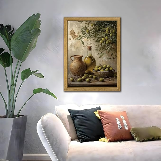 Wood Framed Olive Kitchen Wall Art, Vintage Rustic Still Life Canvas Print, Green Olives Poster Print Picture, Fruit Wall Decor Painting for Dining Room Cafe Restaurant Farmhouse Home Decor 12x16 inch