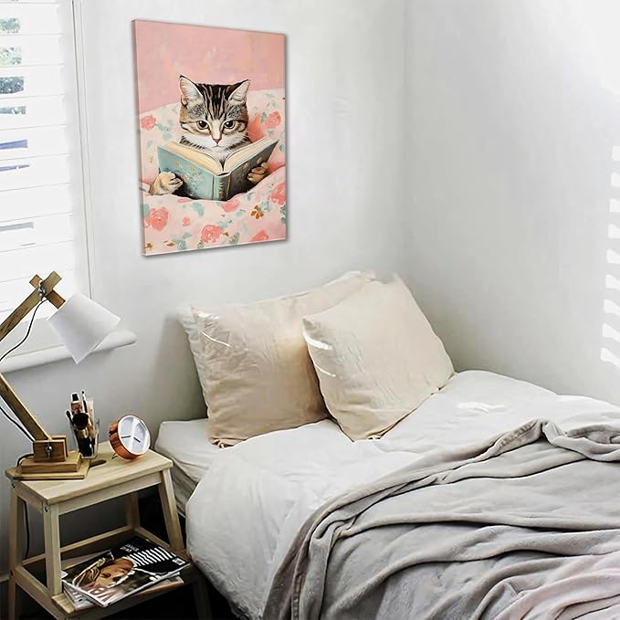 Framed Cats Canvas Wall Art, Funn Tabby Cat Reading Books Picture Wall Decor, Pink Vintage Animal Poster Prints for Girls Room Bedroom Kids Room Living Room Bathroom Decor 16x24 inch