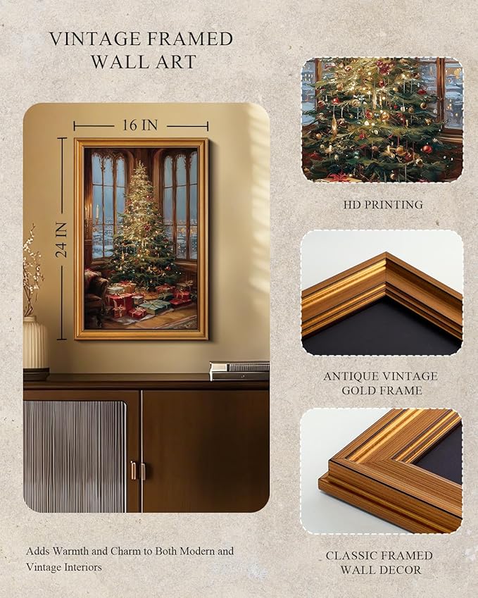 InSimSea Gold Framed Wall Art, Vintage Canvas Prints Decor, Christmas Pine Tree Paintings Large Wall Decor, Rustic Pictures for Winter Xmas Bedroom Holiday Decoration Gifts, 16x24inch