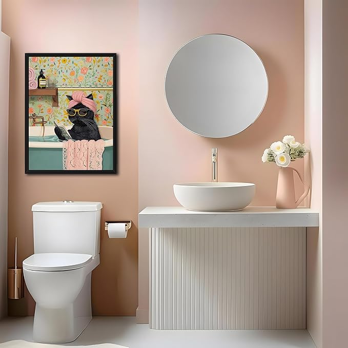 Floating Framed Bathroom Cat Canvas Wall Art, Funny Black Cat Reading Wall Decor, Cute Animal Prints Pictures Posters for Living Room Bedroom Toilet Kids Room Paintings 12x16 inch