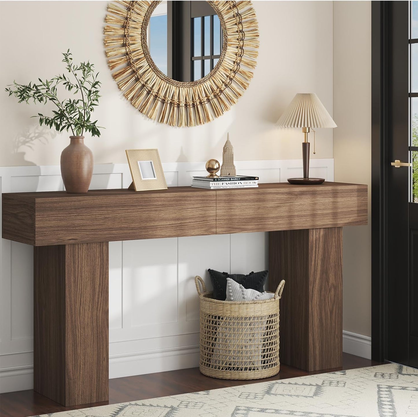 63 Inch Long Console Table for Entryway, Farmhouse Wood Rectangular Sofa Table Behind Couch Table, Narrow Entryway Table for Living Room, Entrance, Hallway, Foyer, Easy Assembly (Brown)