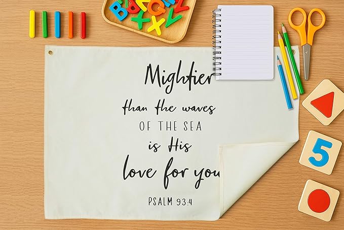 Rectangular Christian Bible Verse Scripture Canvas Banner Wall Decor-Flag Sign for Baby Girl Kid,Nursery Bedroom Playroom Nursery Decor,Baby Shower Birthday Christmas Gift-Mightier Than The Waves