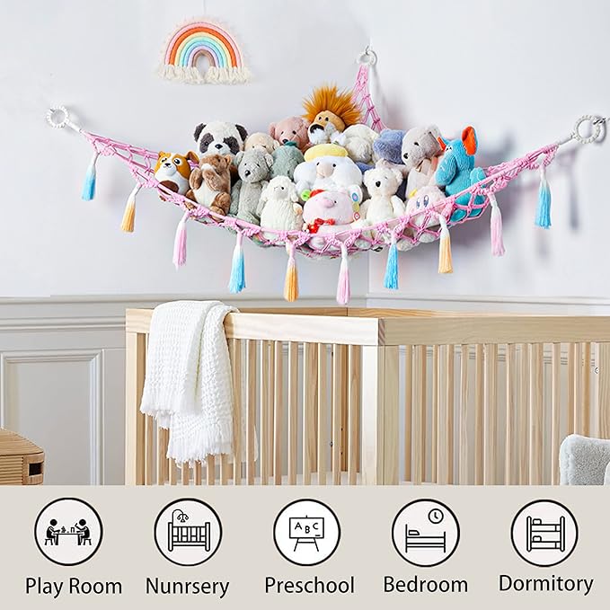 Stuffed Animal Net or Hammock with Light,Yewiwin Macrame Hanging Net Hammock for Stuffed Animal Toy Storage Organizer Boho Decor Room Holder for Nursery Play Room Bedroom (Pink)