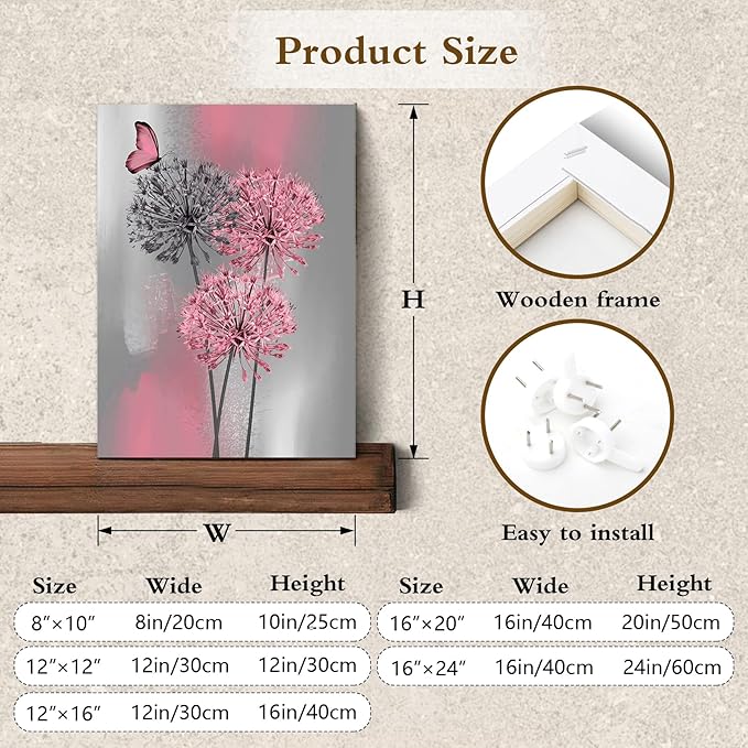 LB Pink Dandelion Canvas Wall Art Pink and Grey Dandelion with Butterfly on Modern Abstract Wall Art Aesthetic Wall Decor for Living Room Bedroom Bathroom Office Framed Ready to Hang 24L x 16W