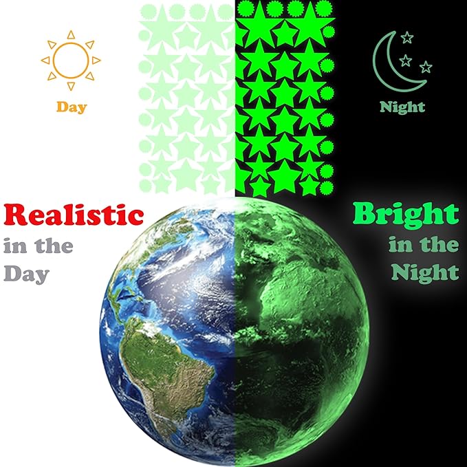 Glow in The Dark Planets, Bright Solar System Wall Stickers -Sun Earth Mars and so on,9 Glowing Ceiling Decals for Bedroom Living Room,Shining Space Decoration for Kids for Girls and Boys