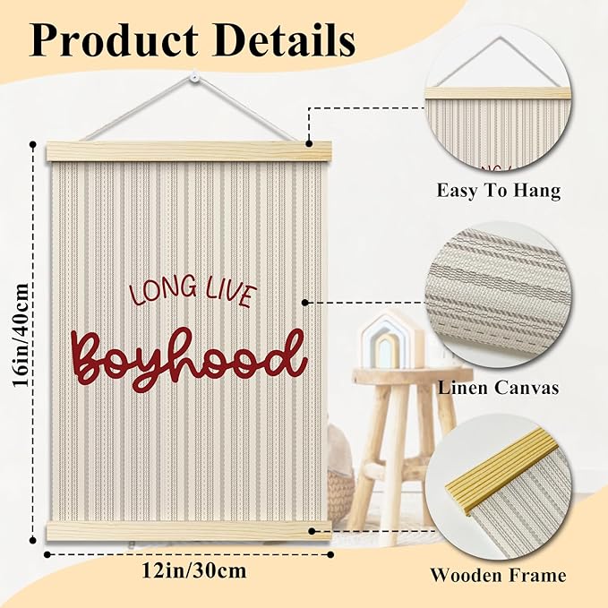 Long Live Boyhood Posters Hanger Frame for Boys Room Red Hanging Poster for Bedroom Kids Room Classroom Decor Stripes Wall Art Decor for Nursery Playroom Canvas Wall Art Print 16x12 Inches - YY046