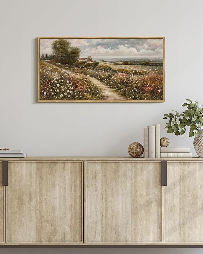 SHENIFY Vintage Landscape Framed Wall Art Rustic Countryside Wildflower Field Farmhouse Decor Retro Meadow with Flowers Painting for Kitchen Bedroom Living Room Bathroom - 8x16in Natural Framed