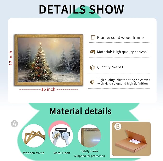 Vintage Christmas Wall Art, Vintage Pine Tree Canvas Wall Decor Painting, Rustic Winter Tree Print, Botanical Winter Art, for Table Farmhouse Mantel Home Office 12x16 Inch Wood Framed