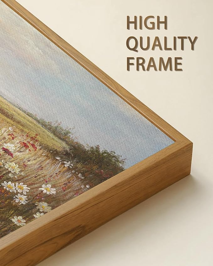 SHENIFY Vintage Framed Wall Art Meadow with Flowers Landscape Scenery Home Decor Retro Wildflower Field Decorations for Farmhouse Bedroom Ready to Hang Wall Artwork - 20x40in Natural Framed