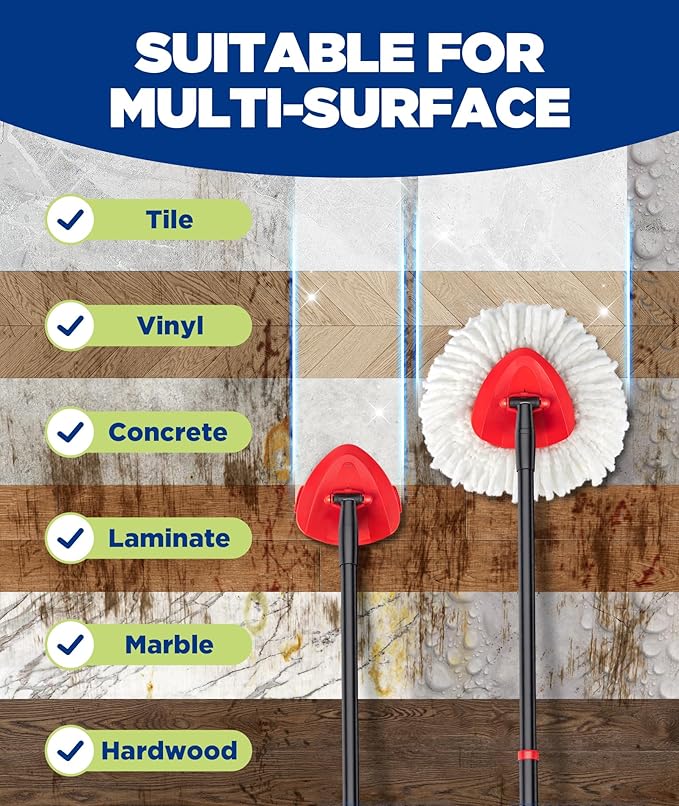 4-in-1 Mop Heads Replacements for O Cedar EasyWring 1 Tank System, Includes 1 Base | 1 Scrub Brush Head | 2 Spin Mop Heads, Full Set Mop Replace Heads for Cleaning Home, Bathroom & Kitchen