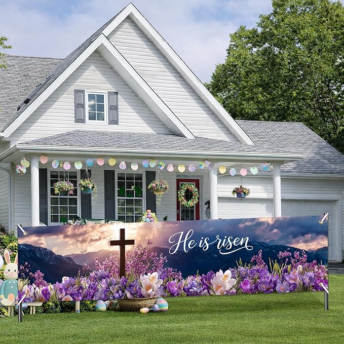 He Is Risen Easter Banner Christian Resurrection Spring Decor 78 x 17 Inch Religious Cross Flower Scene Banner for Church Yard Fence Door Wall Indoor Outdoor Easter Display