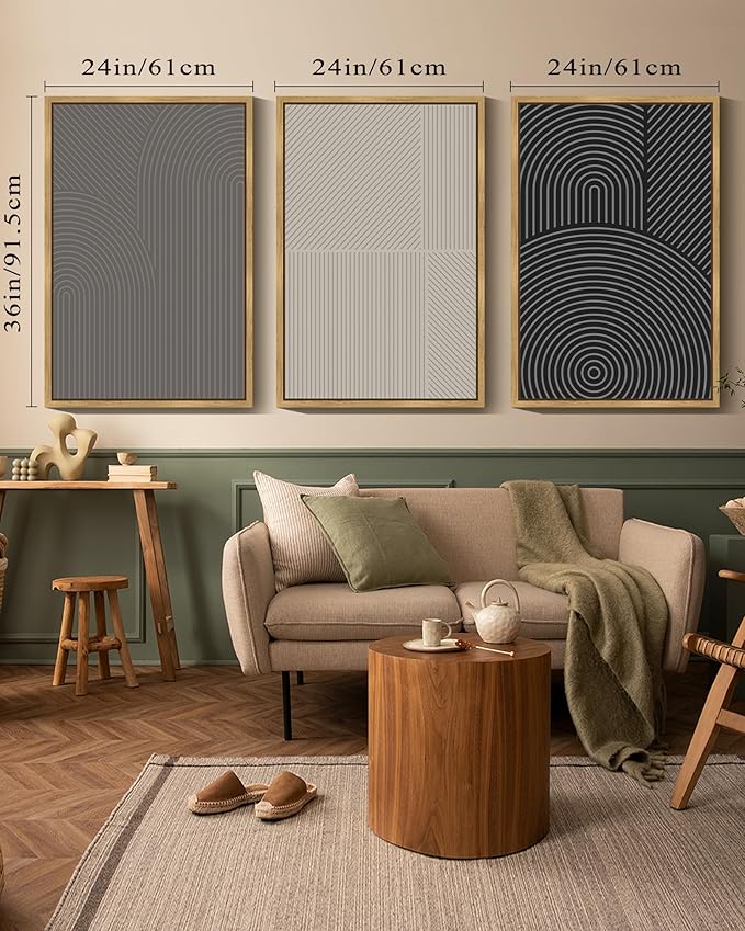 Drsoum Mid-Century Modern Framed Wall Art Large 24x36in Minimalist Abstract Boho Neutral Line Wall Decor Geometric Artwork Kitchen Dining Room Black Framed