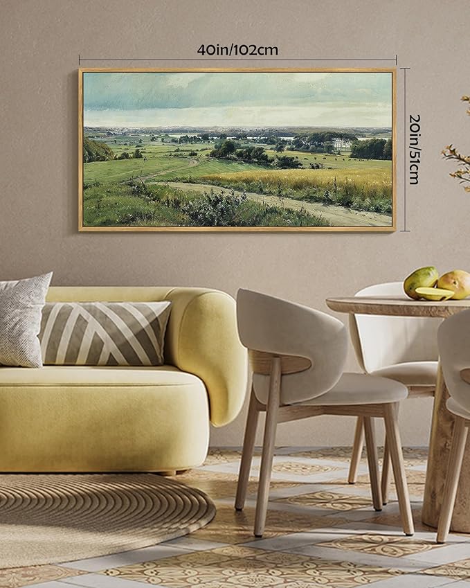 SHENIFY Vintage Landscape Framed Wall Art Rustic Countryside Meadow Farmhouse Decor Retro Grassland Painting for Hallway Bedroom Living Room Dining Room - 20x40in Natural Framed