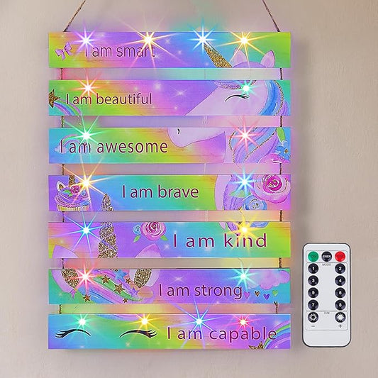 FIOBEE Girls Room Décor for Teen Girls Boys with LED Light Wall Decor for Bedroom Motivational Inspirational Wall Art Girl Room Decoration for Kids Studyroom, 8 Kinds of Lights, Rainbow Unicorn