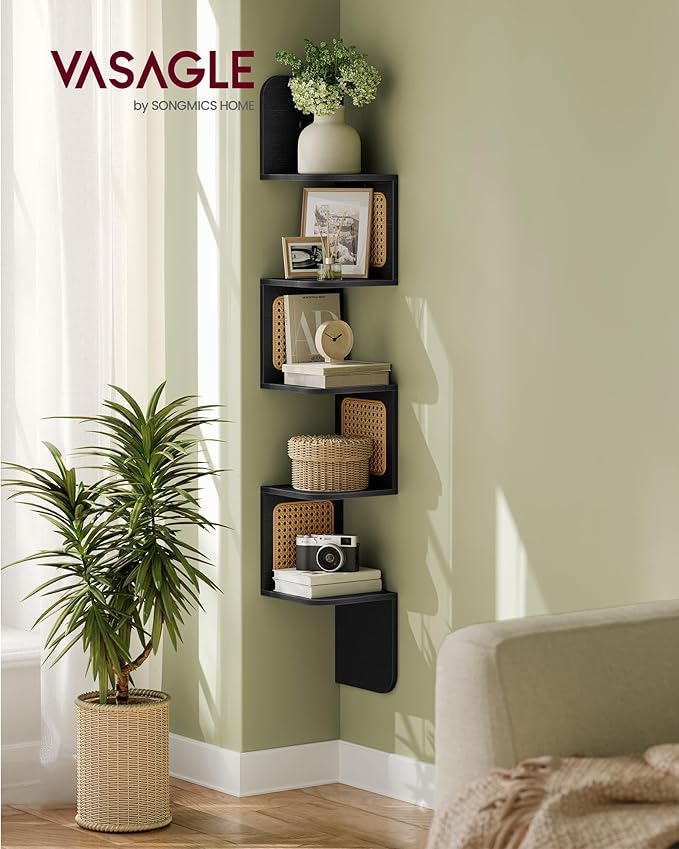 VASAGLE 5-Tier Corner Shelf, Wall Mounted Floating Shelf, Zigzag Corner Shelf Unit, PVC Rattan Sides, Space-Saving, for Kitchen, Living Room, Bedroom, Boho Style, Ash Black ULLS582BF01S