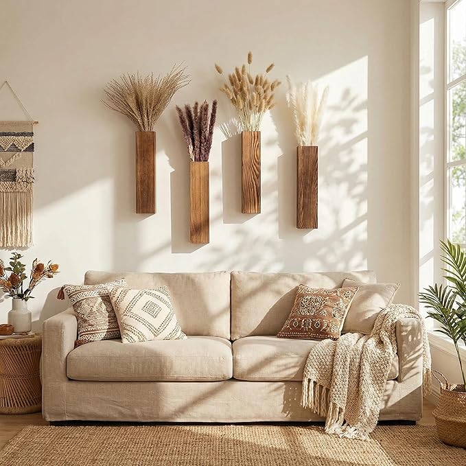 4-Piece Wooden Hanging Wall Vase Set with Pampas Grass and Eucalyptus Dried Flowers, Modern Farmhouse Home Decor for Living Room Entryway Bathroom Hallway Dining Room（Walnut）