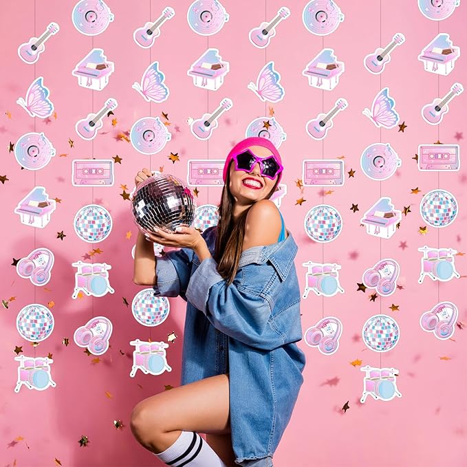 8 Pcs Music Party Decorations Popular Singer Birthday Hanging Garlands Banner Iridescent Holographic Disco Guitar Piano Butterfly Paper Cutouts Streamer for Girls Music Lover Supplies