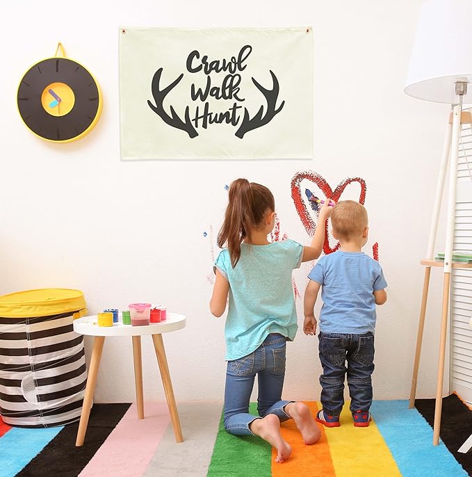 Nursery Rectangular Canvas Banner Wall Decor for Nursery Bedroom Playroom Door Decor,Poster Flag Sign Art for Baby Boy Kids Teen,Baby Shower Birthday Christmas Gift-Crawl Walk Hunt Themed